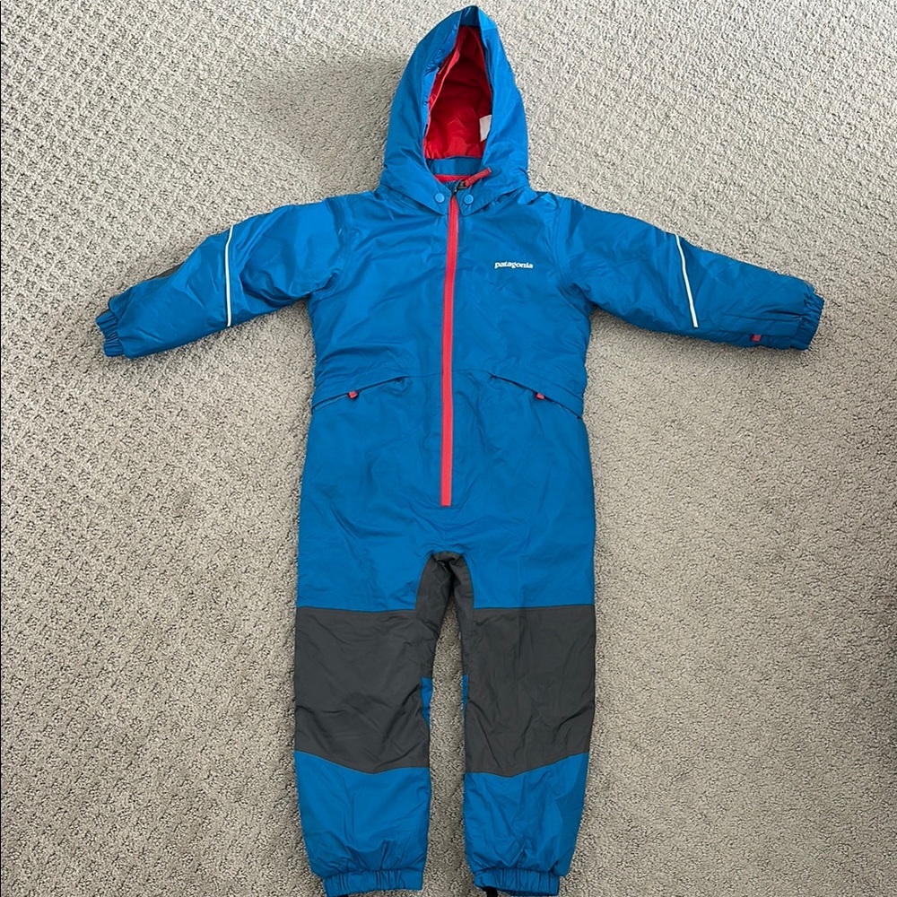 Patagonia Blue Hooded Snowsuit with Red Accents